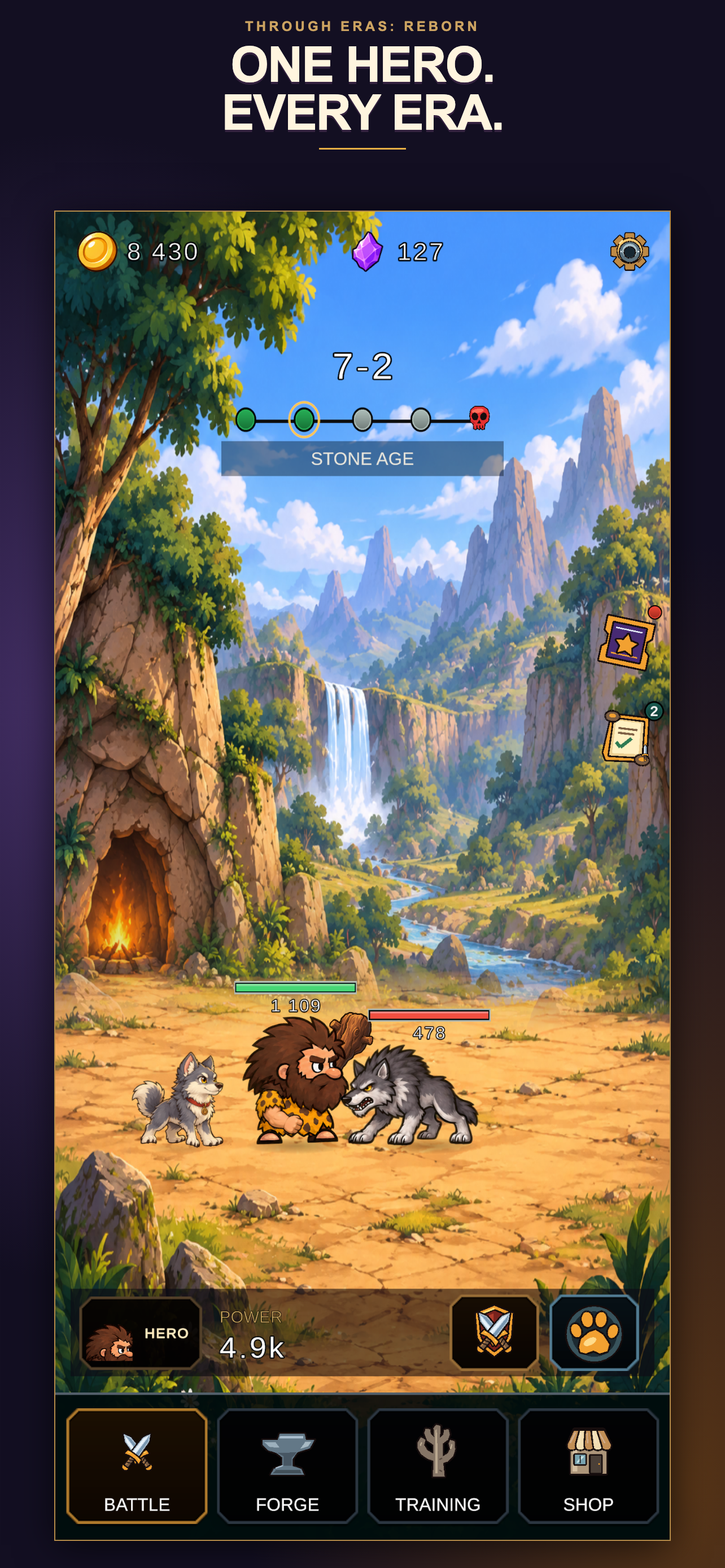Stone Age combat with the hero, enemy and companion.