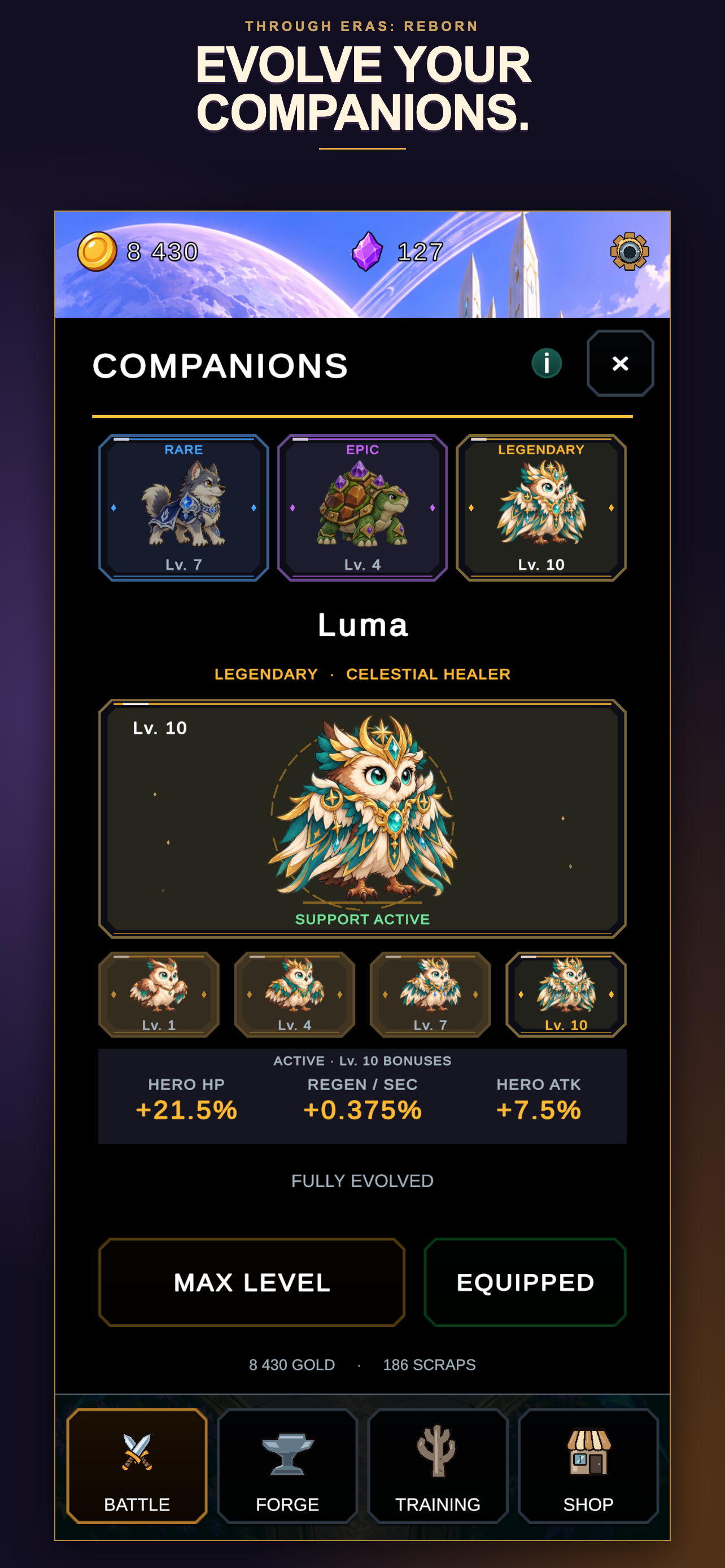 Companion collection and upgrade screen.