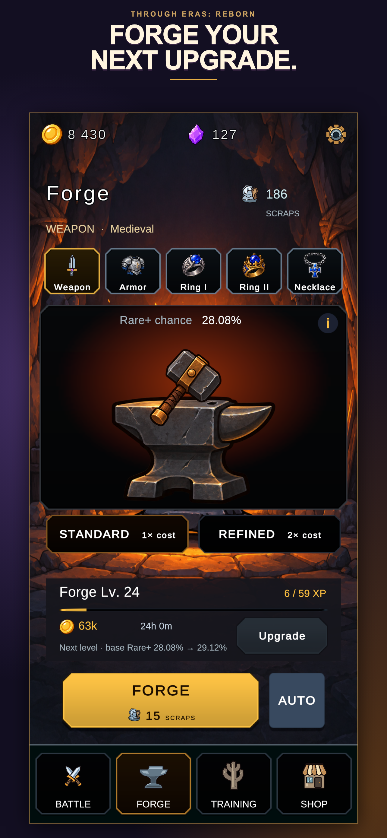 The Forge screen, where Scraps are used to create equipment.