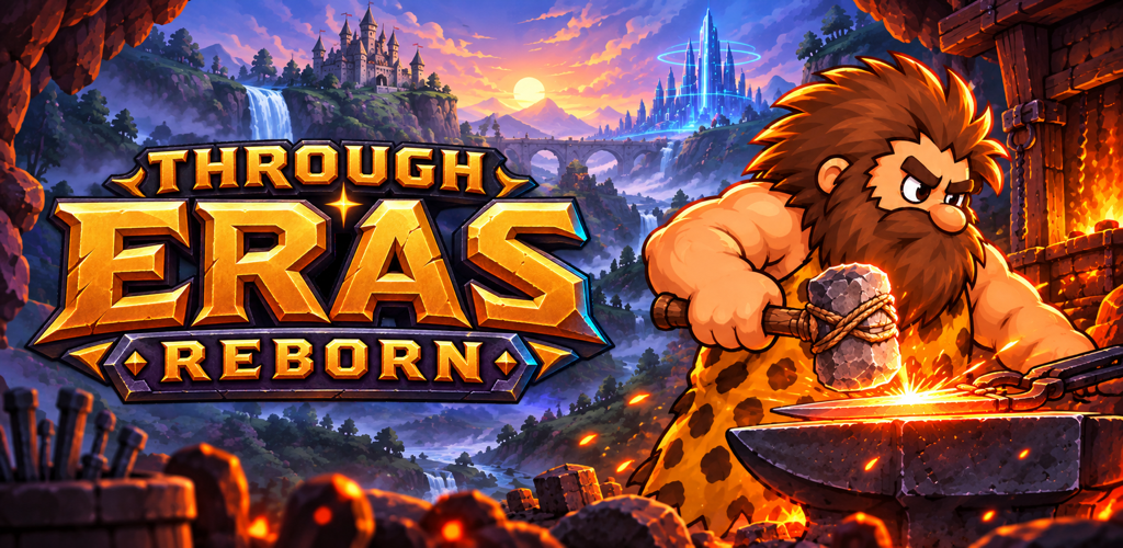 Through Eras: Reborn — a hero forging a weapon between ancient castles and a futuristic city.